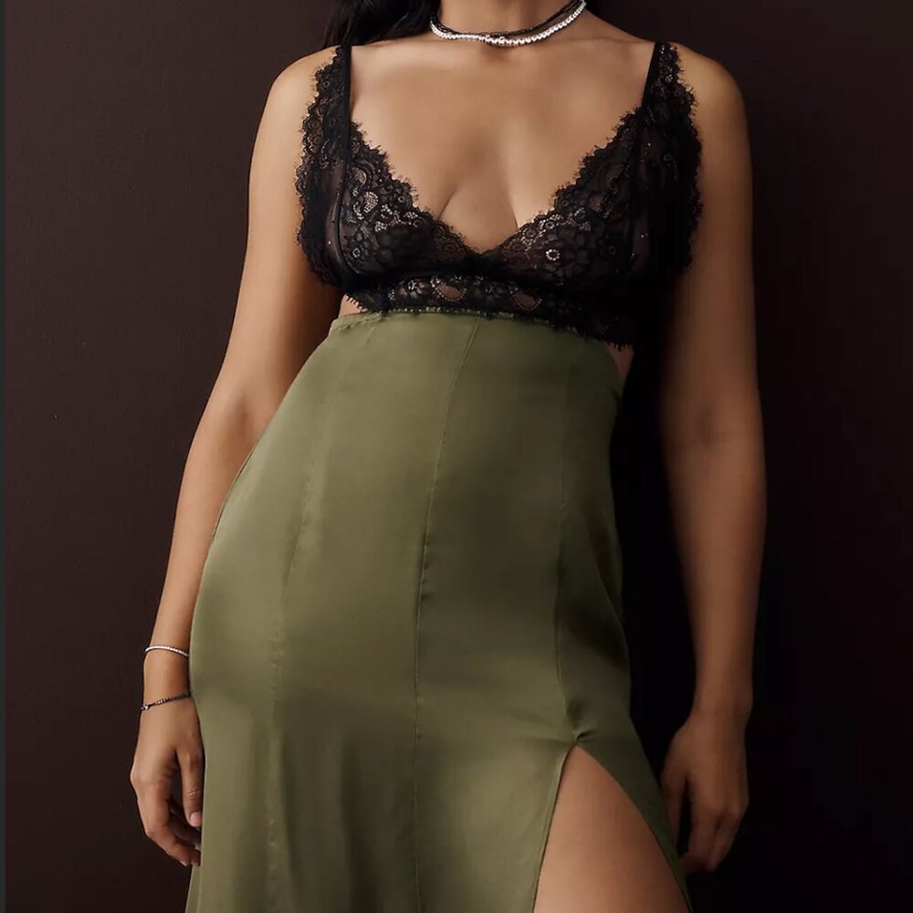 By Anthropologie Lace-Top Cut Out Satin Slip Dress Chemise in Moss